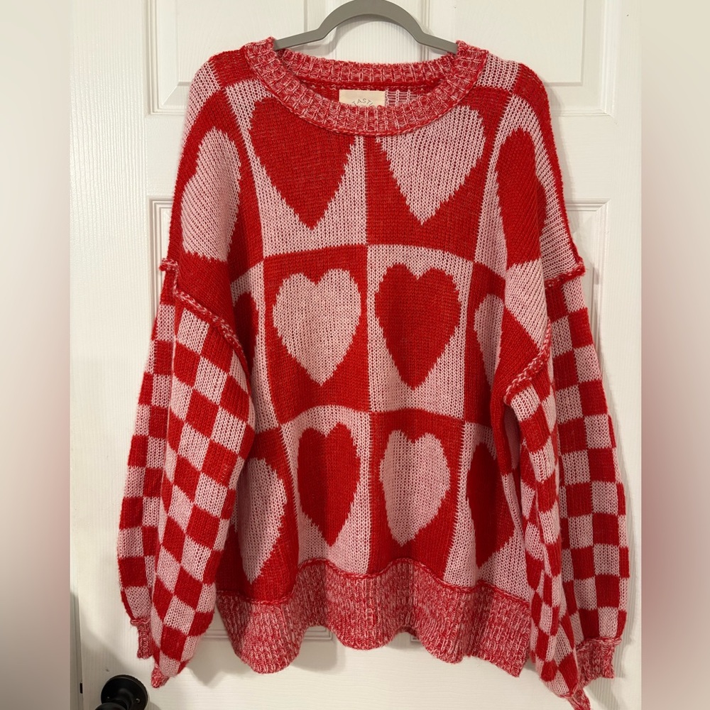 Heart Patterned Red and Pink Sweater